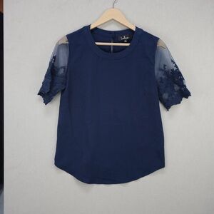 Elegant Navy Blue Lace Sleeve Women's Top